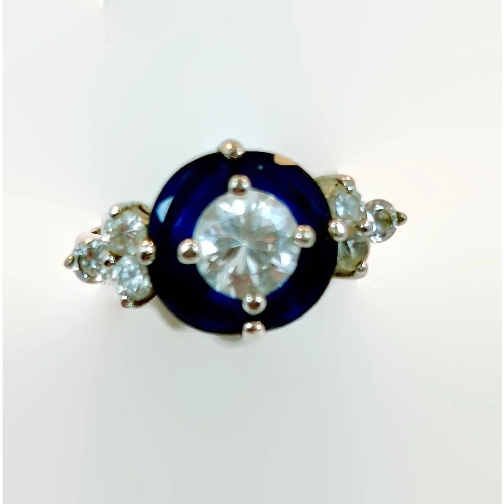 Art Deco Style Ring, Sterling Silver, Vintage, Designer, Faux Blue Sapphire, CZs